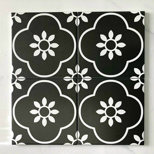Gạch bông men 20x20 đen bông trắng